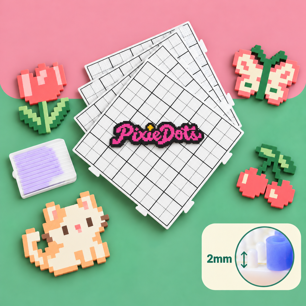 小板*4-PixieDots 52x52 Pixel Pegboard PRO 4-Pack – Interlocking 2.6mm Fuse Bead Boards with Engraved Gridlines & Long 2mm Pins, Snap-Together Pixel Art Boards for Kids & Adults