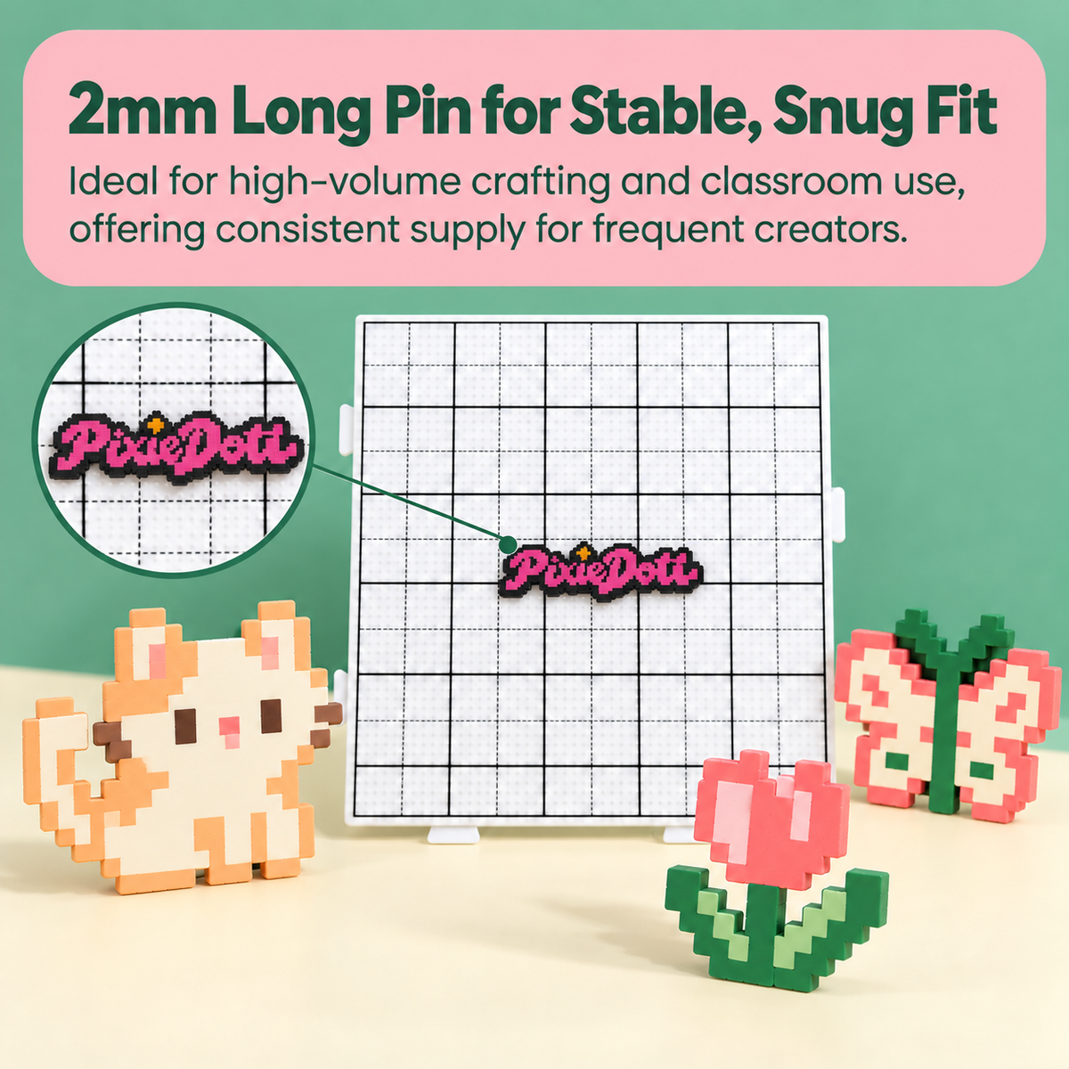 小板*4-PixieDots 52x52 Pixel Pegboard PRO 4-Pack – Interlocking 2.6mm Fuse Bead Boards with Engraved Gridlines & Long 2mm Pins, Snap-Together Pixel Art Boards for Kids & Adults