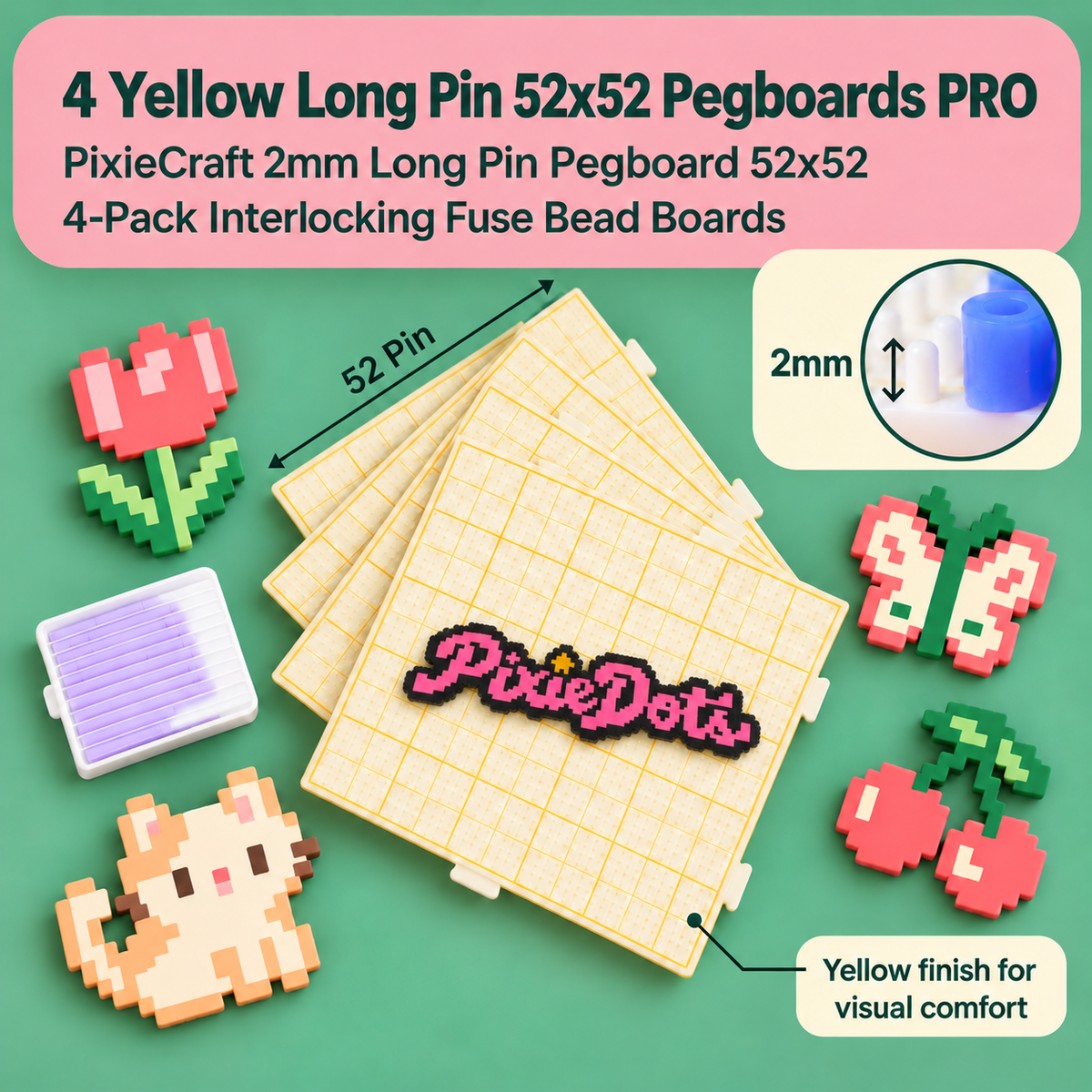 小板*4-PixieDots 52x52 Pixel Pegboard PRO 4-Pack – Interlocking 2.6mm Fuse Bead Boards with Engraved Gridlines & Long 2mm Pins, Snap-Together Pixel Art Boards for Kids & Adults