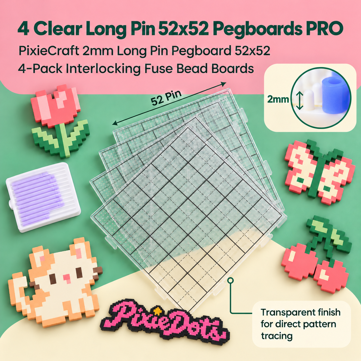 小板*4-PixieDots 52x52 Pixel Pegboard PRO 4-Pack – Interlocking 2.6mm Fuse Bead Boards with Engraved Gridlines & Long 2mm Pins, Snap-Together Pixel Art Boards for Kids & Adults