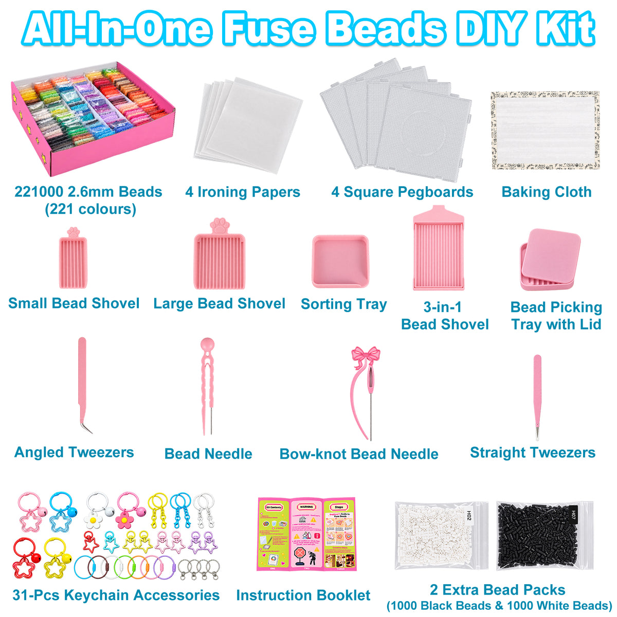 PixieDots 221 Colors 2.6mm Fuse Beads Ultimate Creative  Kit,  273 pcs Full Set with Storage Bag, Pixel Art Craft Kits for Adults, Teens, Holiday Gifts