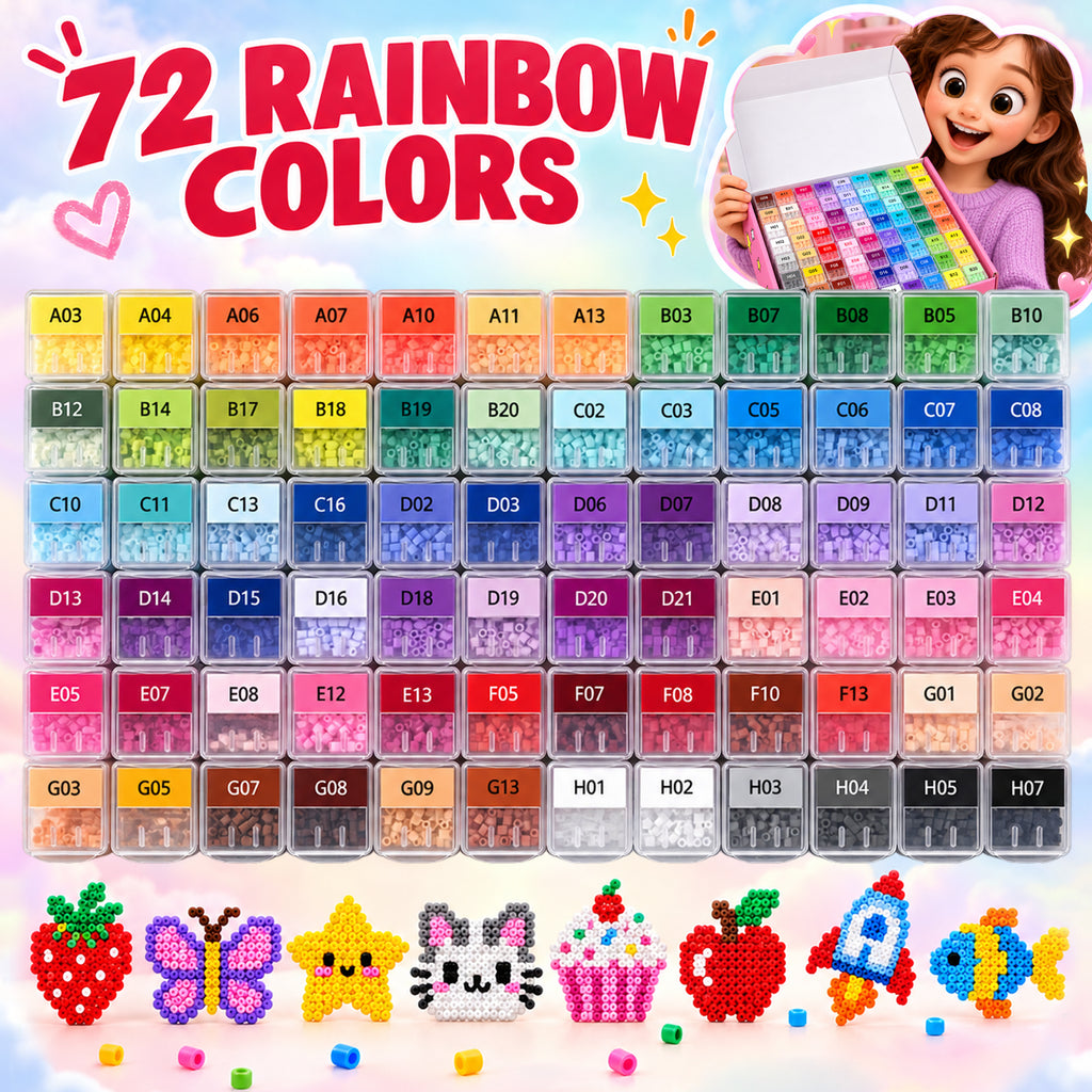 PixieDots 72,000 pcs 2.6mm Fuse Beads Kit, 72 Colors PixieBeads 103 pcs Full Set with Storage Box, Pegboards, Tweezers, Trays, Bead Pen, Ironing Mats, Pixel Art Craft Kits for Adults, Teens