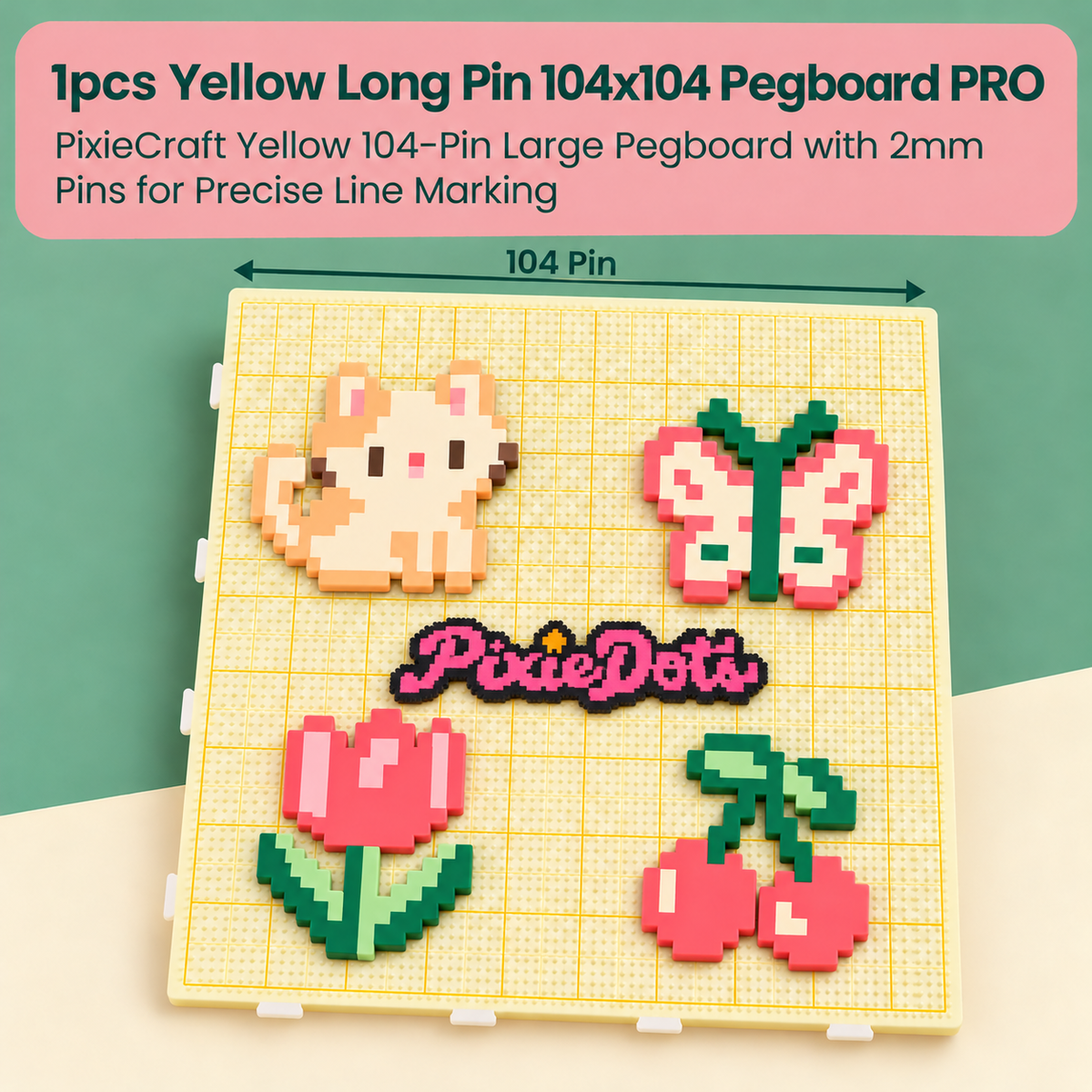 大板-3色 PixieDots 1pc 104x104 Mega Large Pegboard Pro – Interlocking 2.6mm Fuse Bead Board with Engraved Gridlines & 2mm Pins, Snug Fit Stable Design for Large Pixel Art Projects